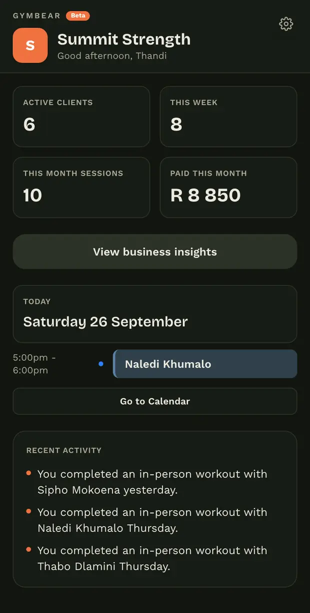 The GymBear home screen for a trainer: 6 active clients, 8 sessions this week, R8 850 paid this month, and today's sessions.