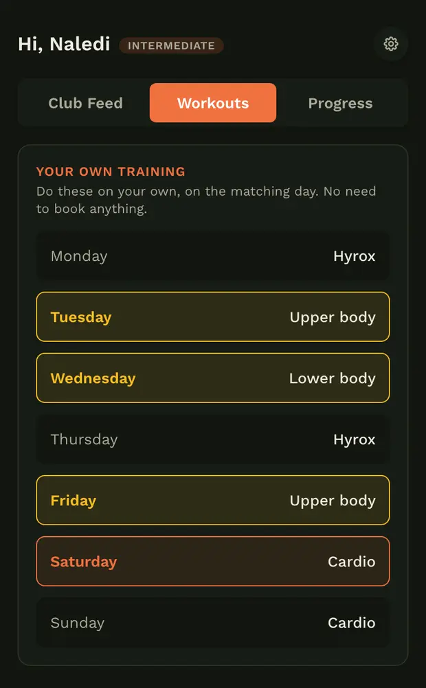 The GymBear client app: a client's week of workouts, one for each training day.