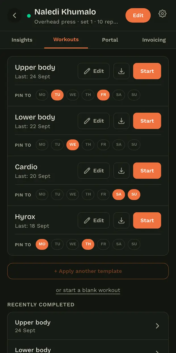 A client's programmes in GymBear: Upper body, Lower body, Cardio and Hyrox, each pinned to training days.